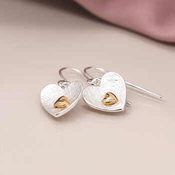 Silver And Gold Plated Double Heart Drop Earrings – 10mm, 3 of 5