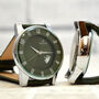 Personalised Men’s Green Leather Engraved Wrist Watch, thumbnail 2 of 6