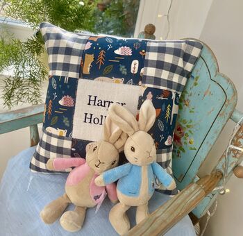 Gingham Woodland Name And Date Cushion, 4 of 5