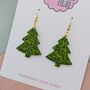 Large Light Green Glitter Christmas Tree Earrings, thumbnail 2 of 4