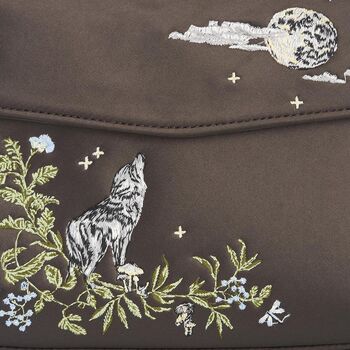 Wolf And Moon Embroidered Charcoal Satin Tote, 7 of 7