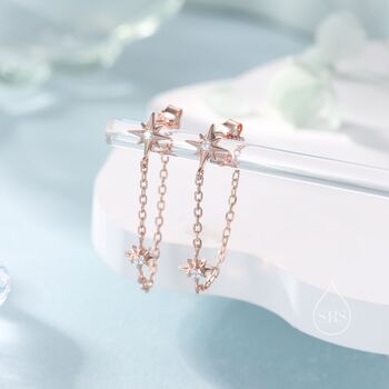 Sterling Silver Starburst Cz Dangle Chain Stud Earrings, 2 of 12