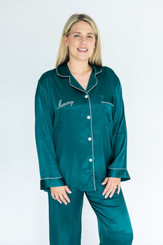 Special Offer! Women's Personalised Christmas Emerald Silky Satin Pj, 3 of 7