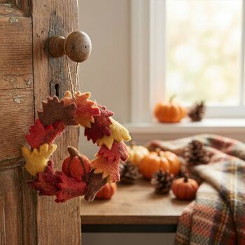 Handmade Felt Autumn Leaves And Pumpkin Wreath Decoration, 2 of 2