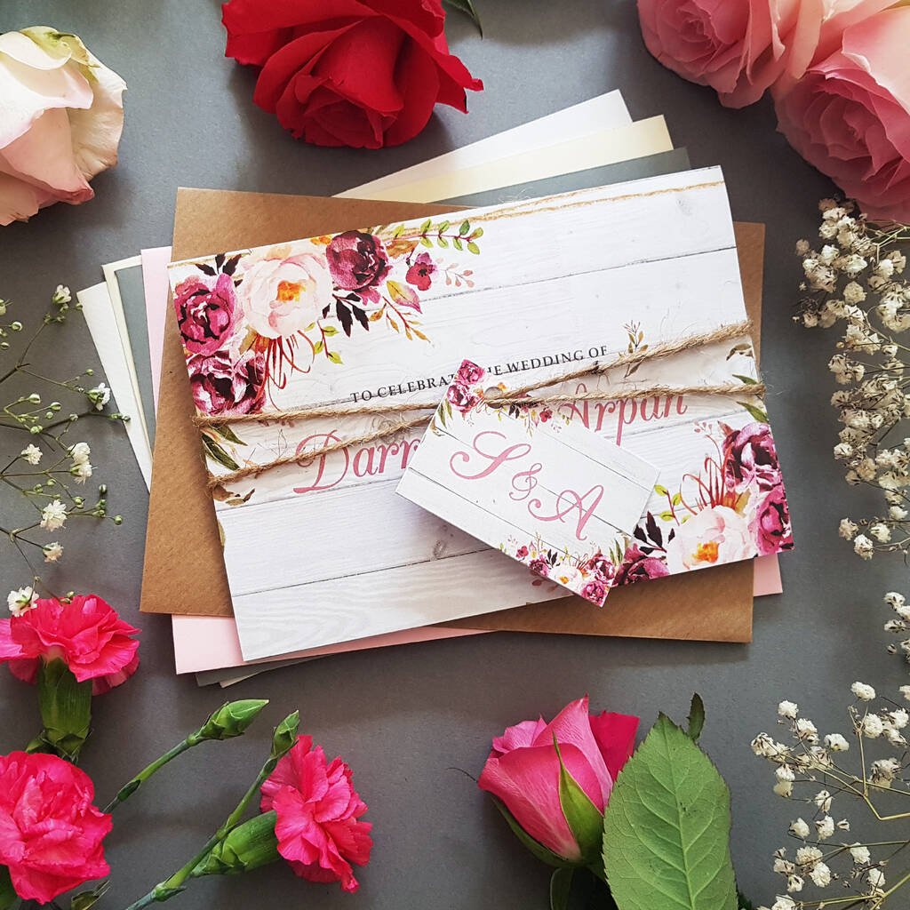 Blush Floral On Wood Wedding Invitations, 1 of 5