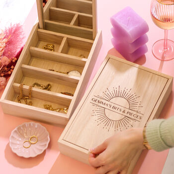 Personalised Sun Wooden Jewellery Case With Mirror, 3 of 12