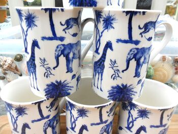 Set Of Six Straight Mugs In Blue Safari Design, 3 of 12