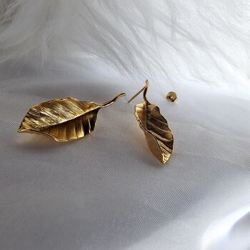 Textured Leaf Stud Earrings In 16 K Gold And 925 Sterling Silver, 8 of 12