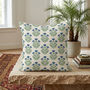 Blue Floral Block Print Chenille Cushion Cover, thumbnail 1 of 12