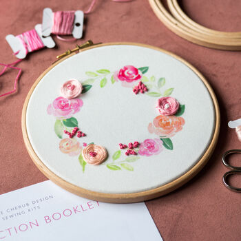 Pink And Peach Wreath Embroidery Hoop Kit, 5 of 6