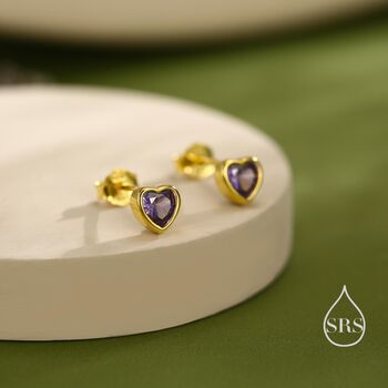 Tiny Amethyst Purple Cz Heart Stud Earrings, 5 of 12