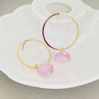 Gold Plated Hoop Earrings With Pink Faceted Polished Glass Stone, 2 of 5