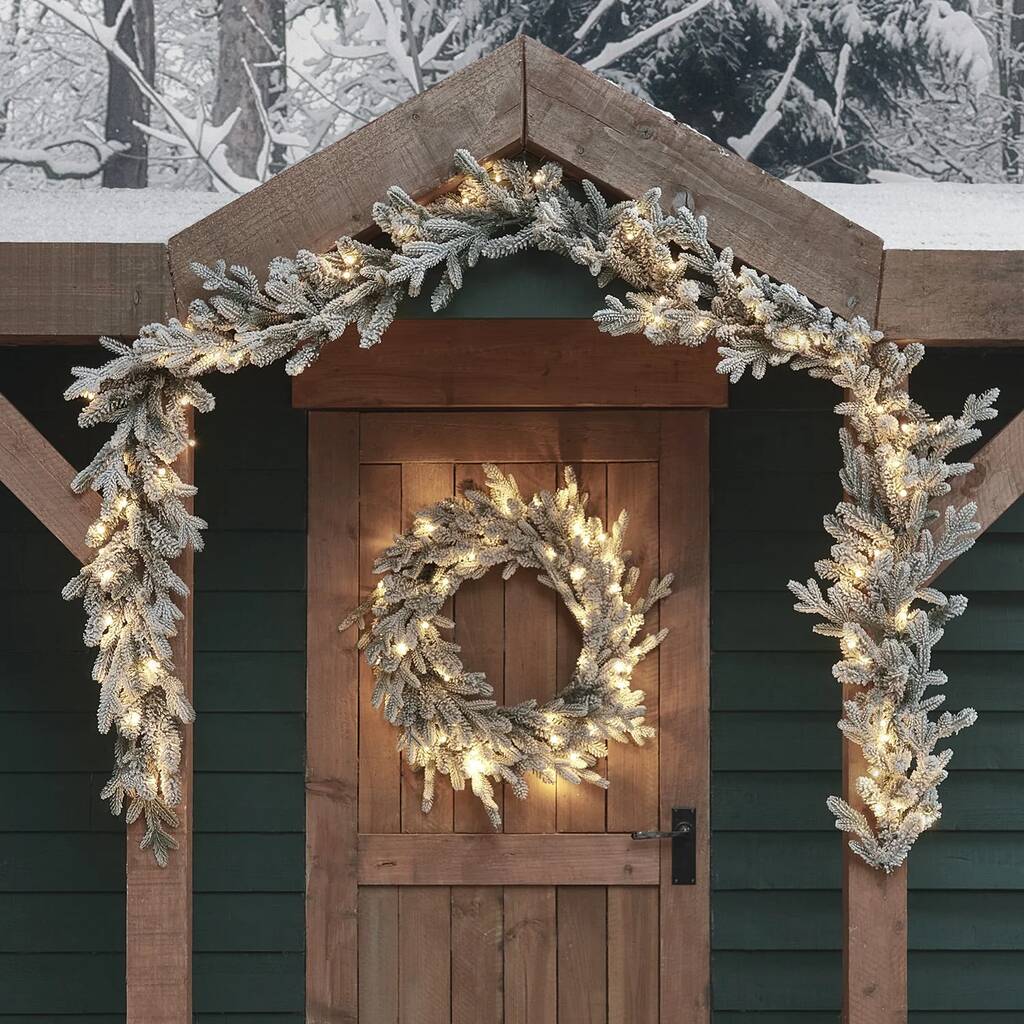 Pre Lit Outdoor Snowy Christmas Wreath And Garland, 1 of 5