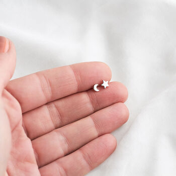 Sterling Silver Tiny Moon And Star Stud Earrings, 3 of 6