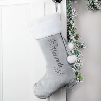 Personalised Holly Grey Luxury Christmas Stocking, 2 of 3