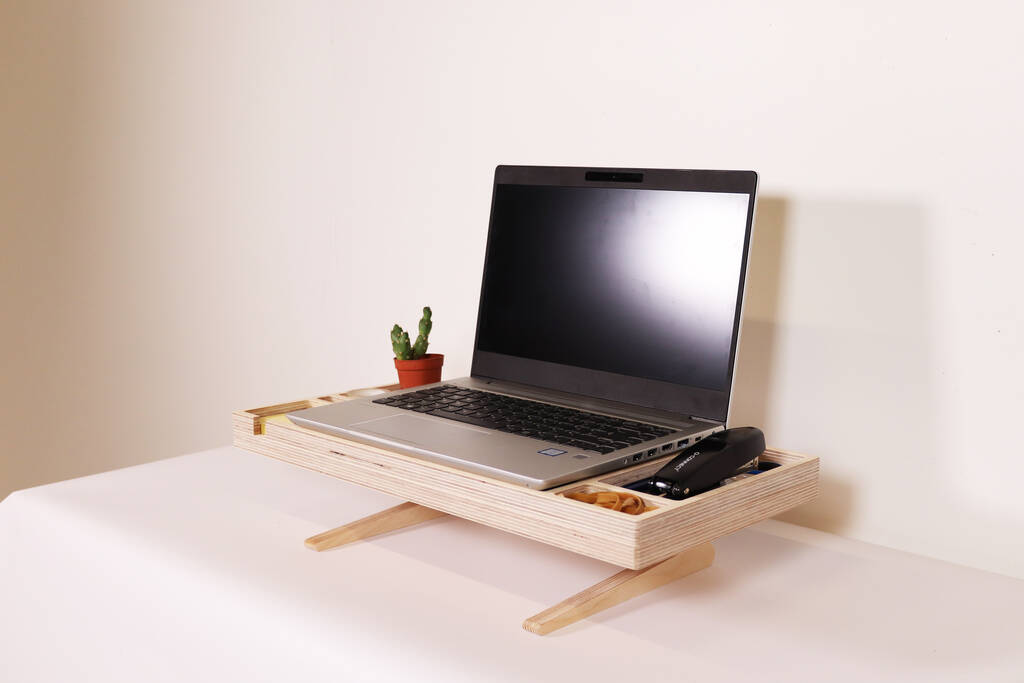 Birch Ply Desktop Screen Stand With Inbuilt Desk Tidy By FLYP FURNITURE