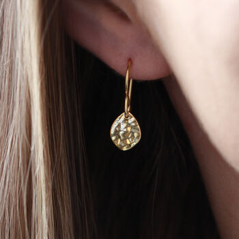 18ct Gold Plated Hammered Almond Drop Earrings, 2 of 7
