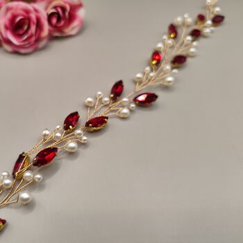 Red Crystal And Pearl Bridal Hair Vine, 9 of 11