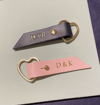 Couples Pair Of Personalised Leather Heart Keyrings, 12 of 12