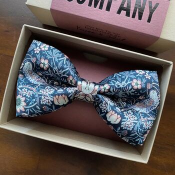 Liberty Silk Bow Tie In Navy Strawberry Thief, 5 of 5