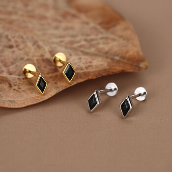 Sterling Silver Black Cz Rhombus 16 G Flat Back Labret Earrings, 2 of 11