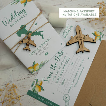 Lemon Theme Wedding Boarding Pass Save The Date With Wooden Magnetic Plane, 6 of 6