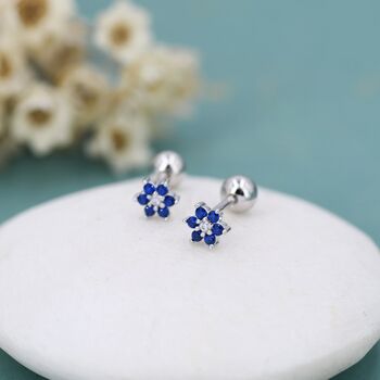 Sapphire Blue Cz Flower Stud Earrings Sterling Silver, 3 of 12