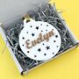 Christmas Tree Bauble With Stars And Name, Gold Or Silver, thumbnail 5 of 7