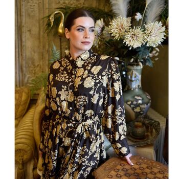 'Mika' Rich Brown And Gold Floral Print Long Tiered Dress, 3 of 6