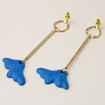Gold Bar Drop Stud Earrings With Blue Petals, 2 of 4