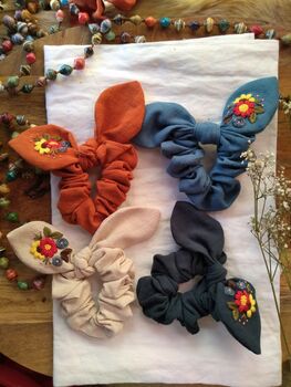 Bunny Bow Scrunchies With Embroidered Flower, 2 of 11