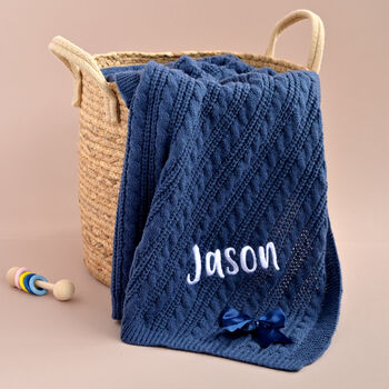 Personalise Steel Blue Knitted Blanket With Bow, 8 of 12