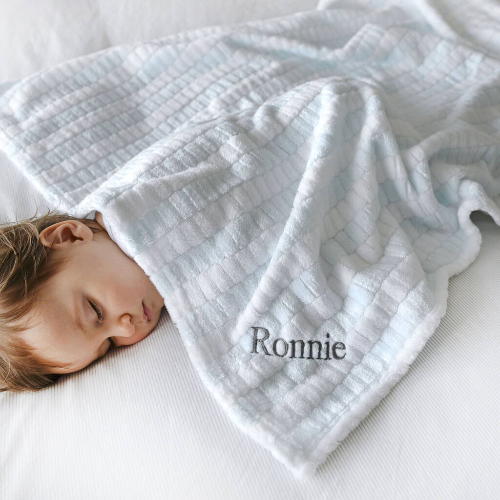 Personalised Soft Blue And White Jacquard Baby Blanket By A Type Of Design