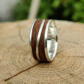 Silver Wave Ring With Dark Oak Inlay, 5 of 10