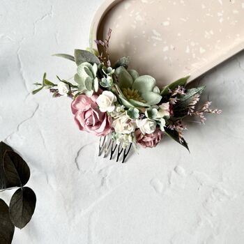 Dusty Pink And Sage Green Floral Hair Comb, 7 of 7