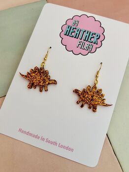 Orange Stegosaurus Dinosaur Glitter Resin Earrings / Jurassic Inspired Jewellery / Novelty Statement Accessories / Gift For Her, 3 of 5