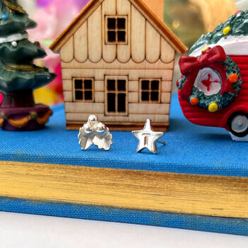 Personalised Sterling Silver Holly And Initial Star Christmas Earrings, 9 of 12