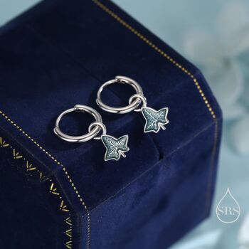 Sterling Silver Enamel Ivy Leaf Huggie Hoop Earrings, 3 of 10