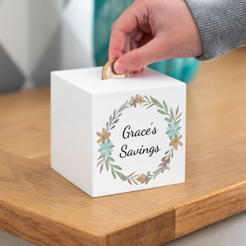 Personalised White Money Box Floral Wreath, 2 of 6
