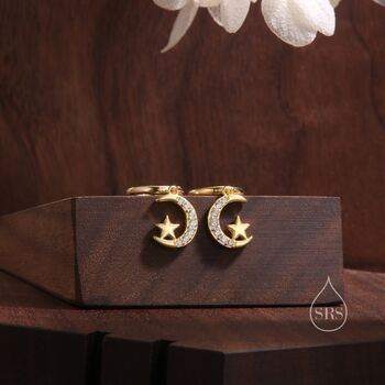 Moon And Star Cz Huggie Hoop Earrings, 6 of 10