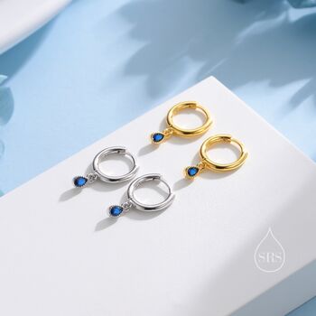 Extra Tiny Sapphire Blue Droplet Cz Hoop Earrings, 5 of 12
