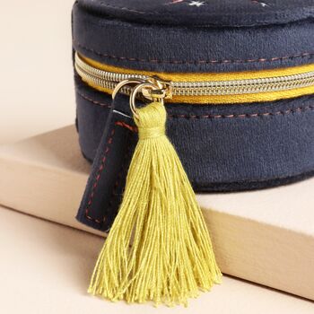Navy Narwhal Spirit Animal Velvet Round Travel Jewellery Case, 3 of 4