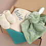 Personalised Ivory Knitted Blanket, Booties And Bunny Comforter Gift Box, thumbnail 4 of 8