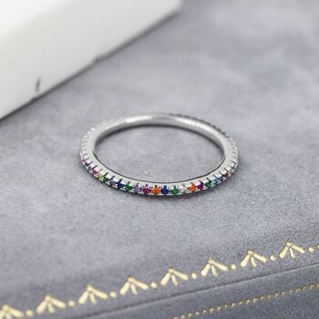 Sterling Silver Skinny Rainbow Crystal Pave Ring, 7 of 12