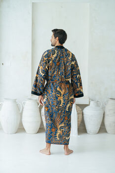 Royal Blue Men's Full Length Batik Kimono Robe, 4 of 5