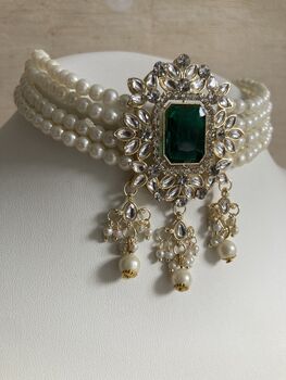 Emerald Green Gold Plated Kundan And Pearl Choker Set, 7 of 10