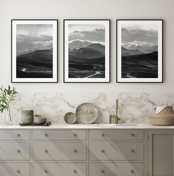 Set Of Three Black And White Mountain Unframed Prints, 6 of 7