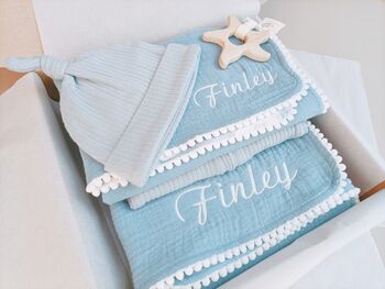 Personalised New Baby Gift Set, Handmade Newborn Blanket And Comforter With Wooden Teether, 5 of 6