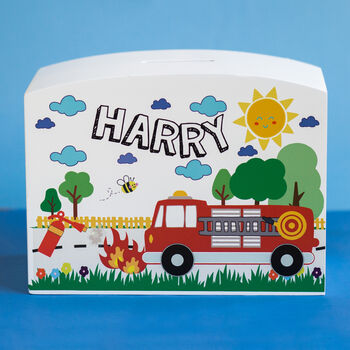 Personalised Fire Truck Themed Money Pot Piggy Bank, 4 of 10