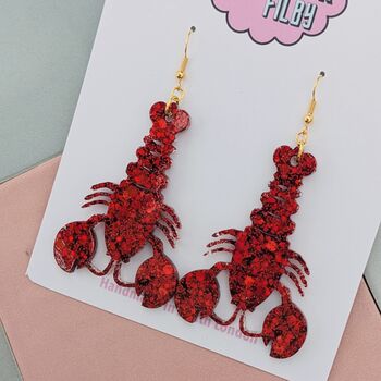 Handmade Large Red Glitter Lobster Resin Earrings, 3 of 4